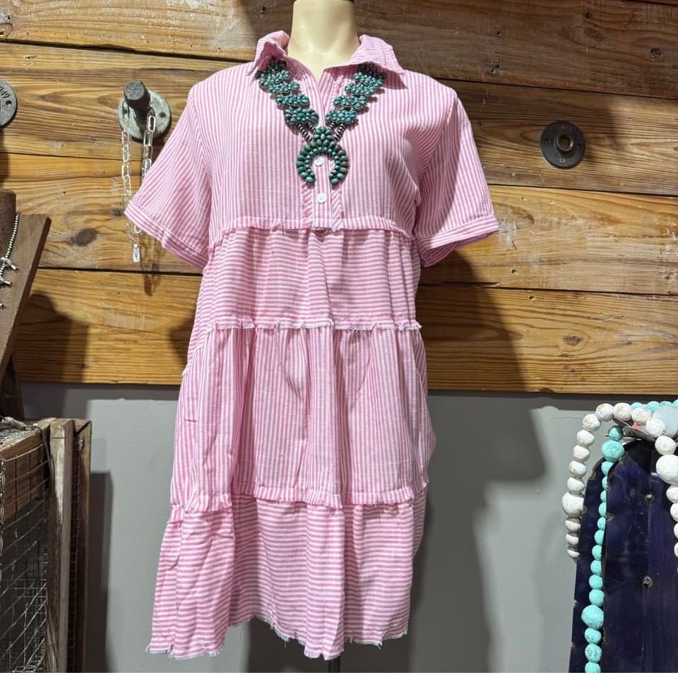 Pink & White Stripe V Neck Ruffle Short Dress - Country Lace Boutique