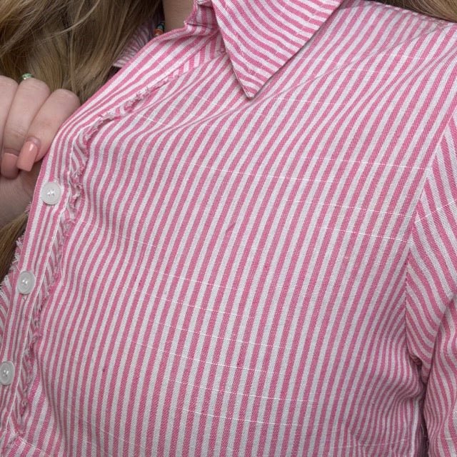 Pink & White Stripe V Neck Ruffle Short Dress - Country Lace Boutique