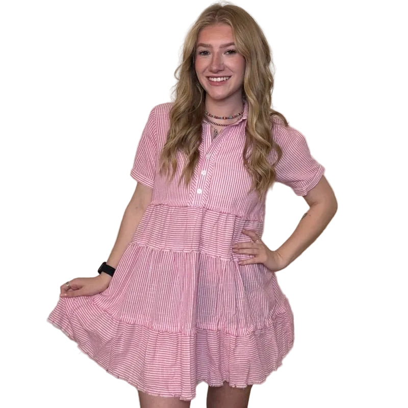 pink country dress Pink & White Stripe V Neck Ruffle Short Dress Large