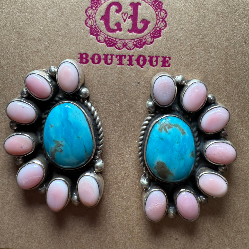 pinkconchturquoisenativemadehalfclusterearrings