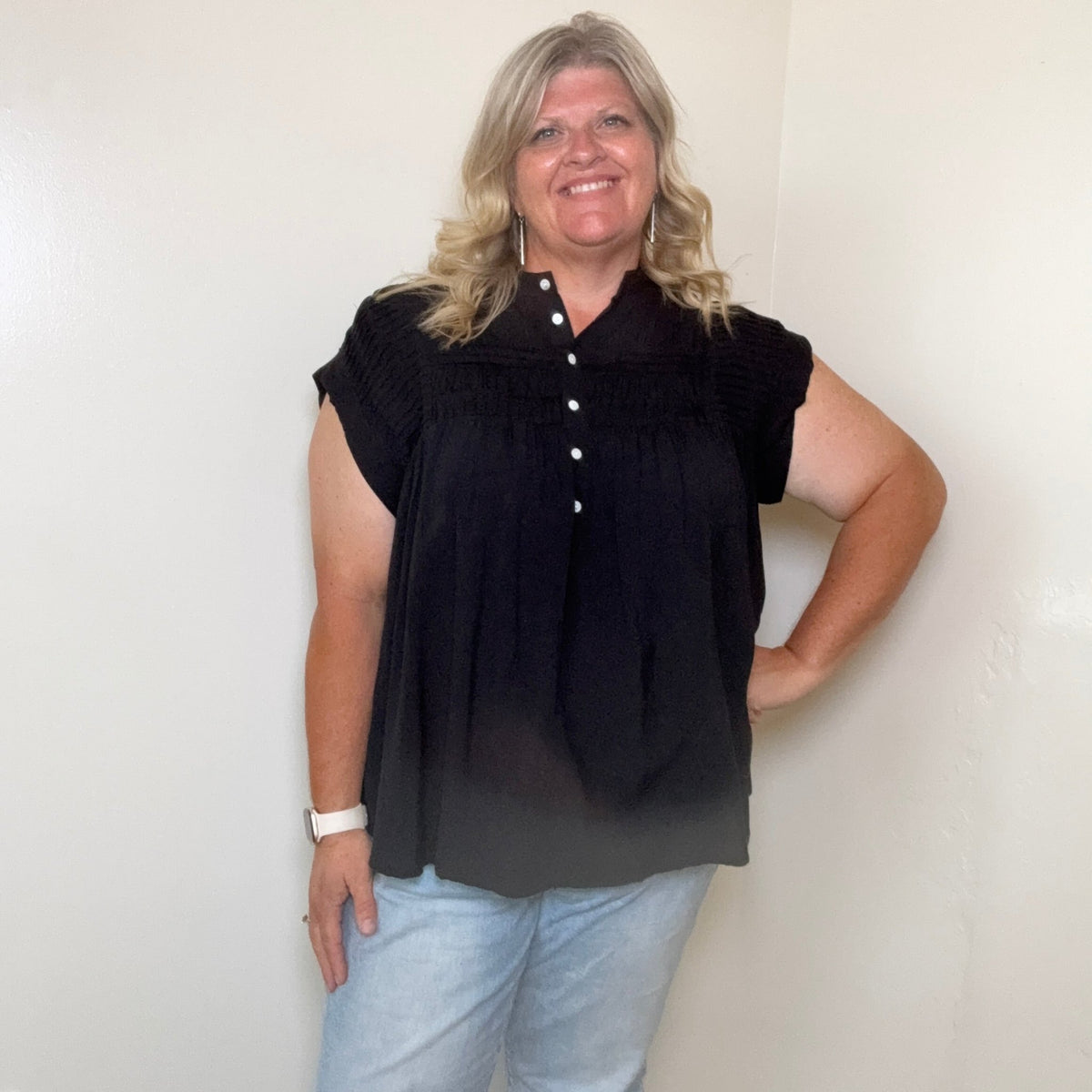 Plus Size Black Flowy Half Button Shortsleeve Top - Country Lace Boutique