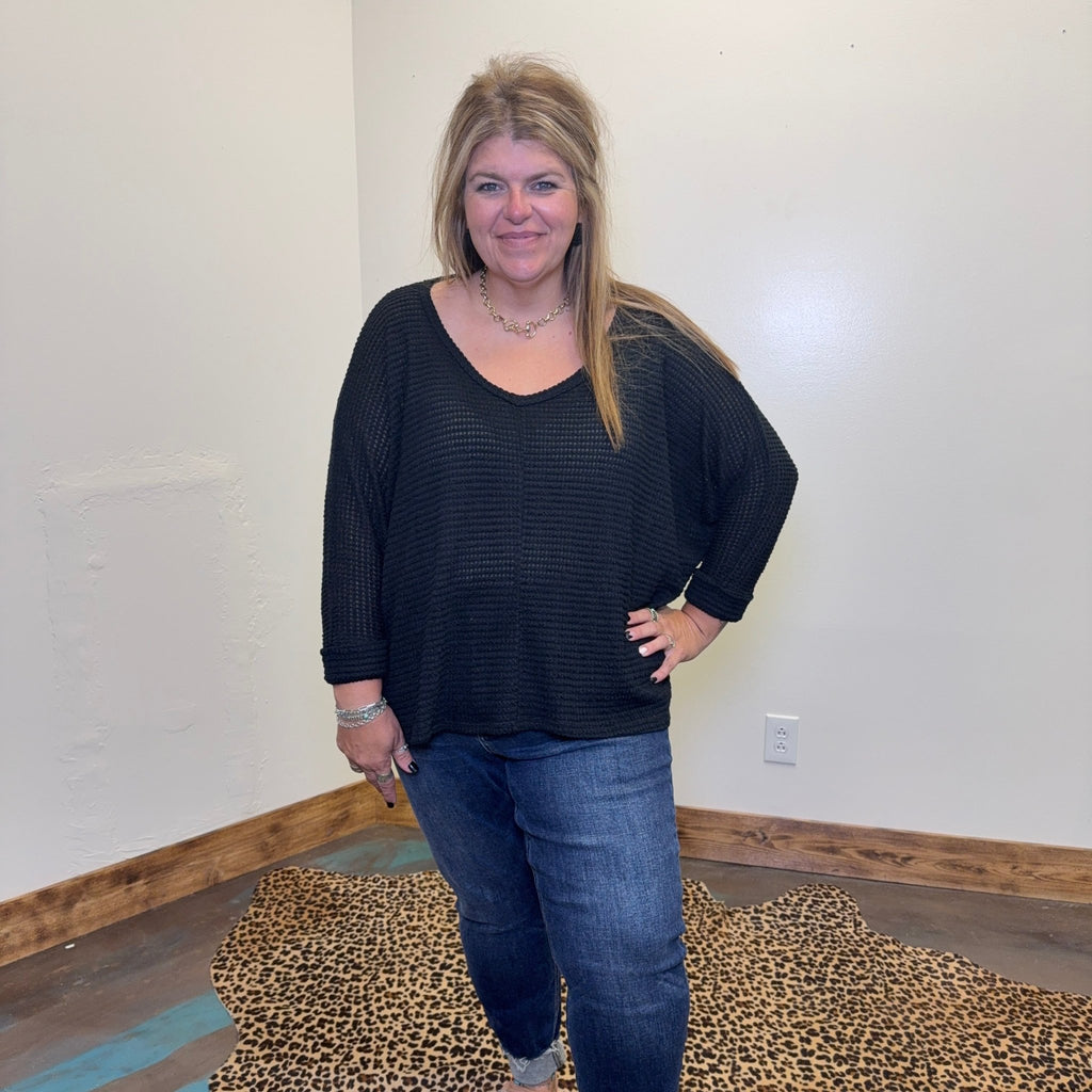 Plus Size Dolman Black Waffle V Neck 3/4 Sleeve Top - Country Lace Boutique