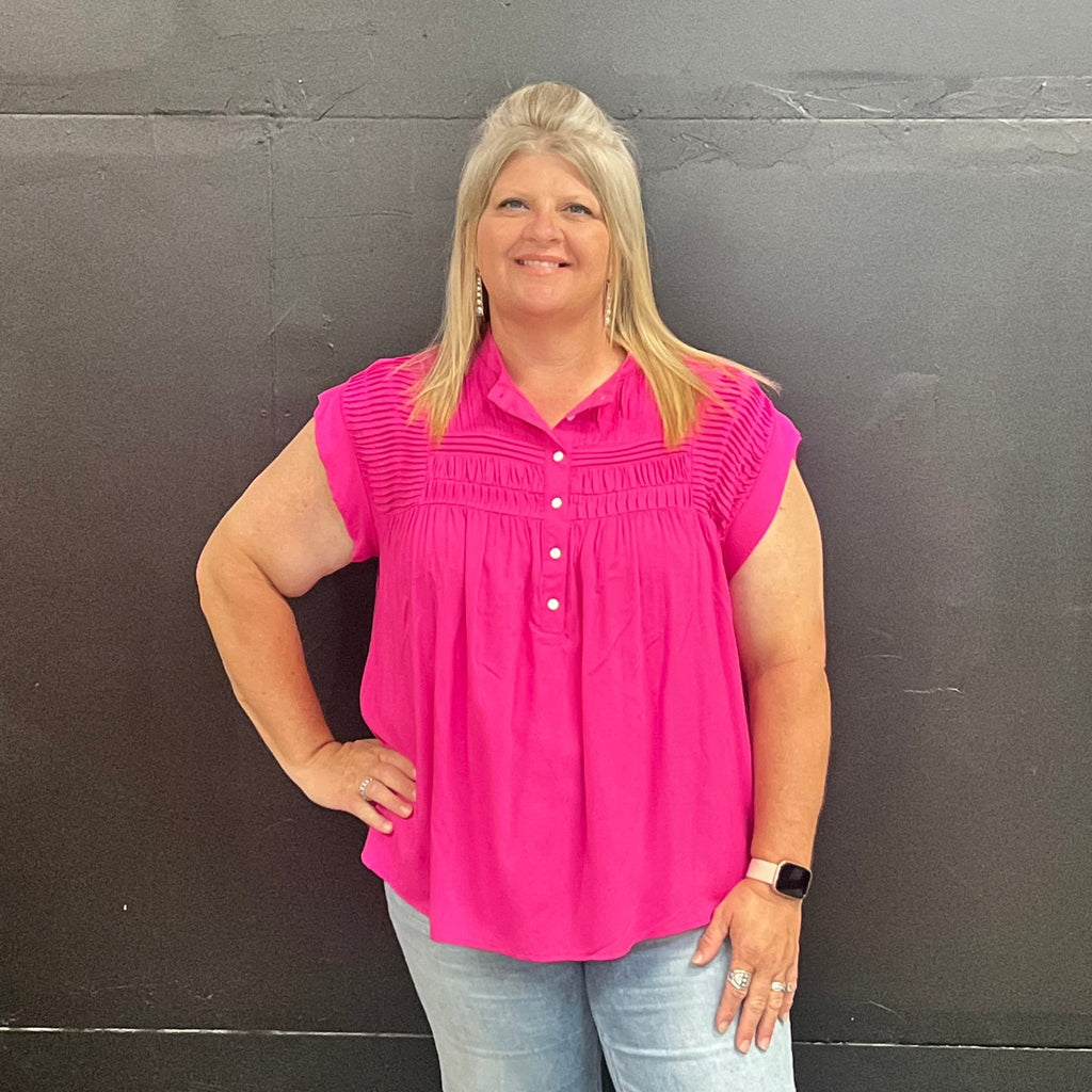 Plus Size Pink Flowy Half Button Shortsleeve Top - Country Lace Boutique