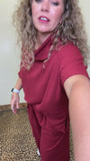 maroon outfit with wide-leg pants 