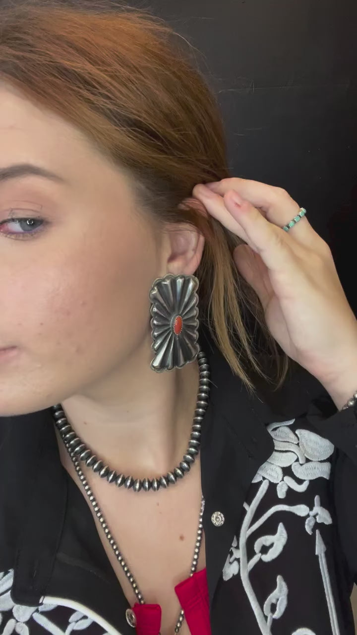 Huge Concho Stamped Post with Red coral Stone Sterling Silver Earring