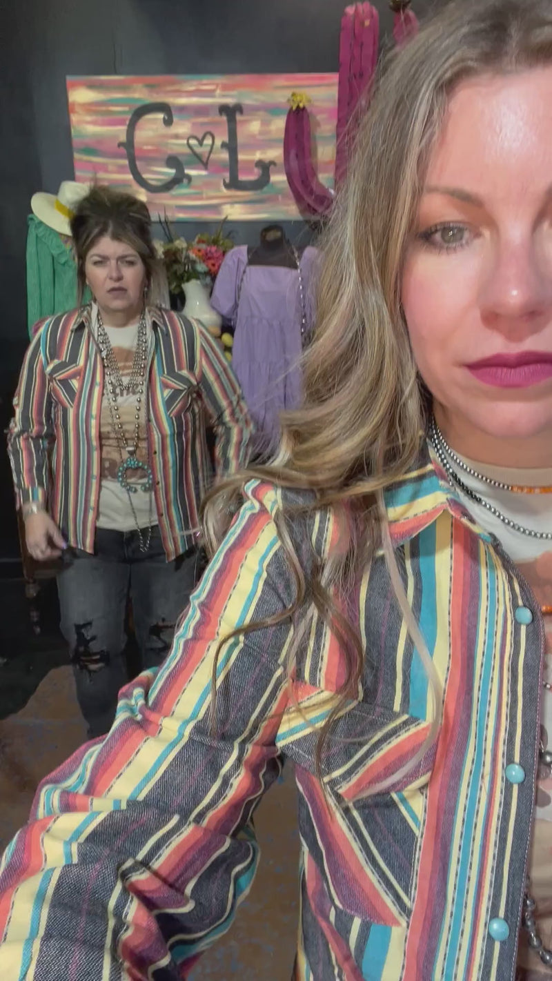 Serape Denim with Western Scene in suede Turquoise Buttons Button Down Top 7