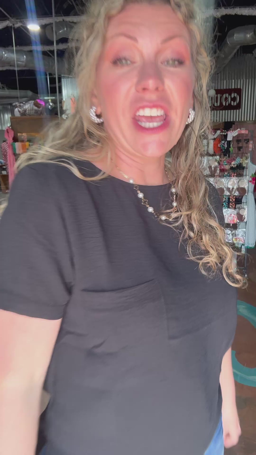 Black Round Neck Short Sleeve Blouse w/ Key Hole Button Back - Country Lace Boutique