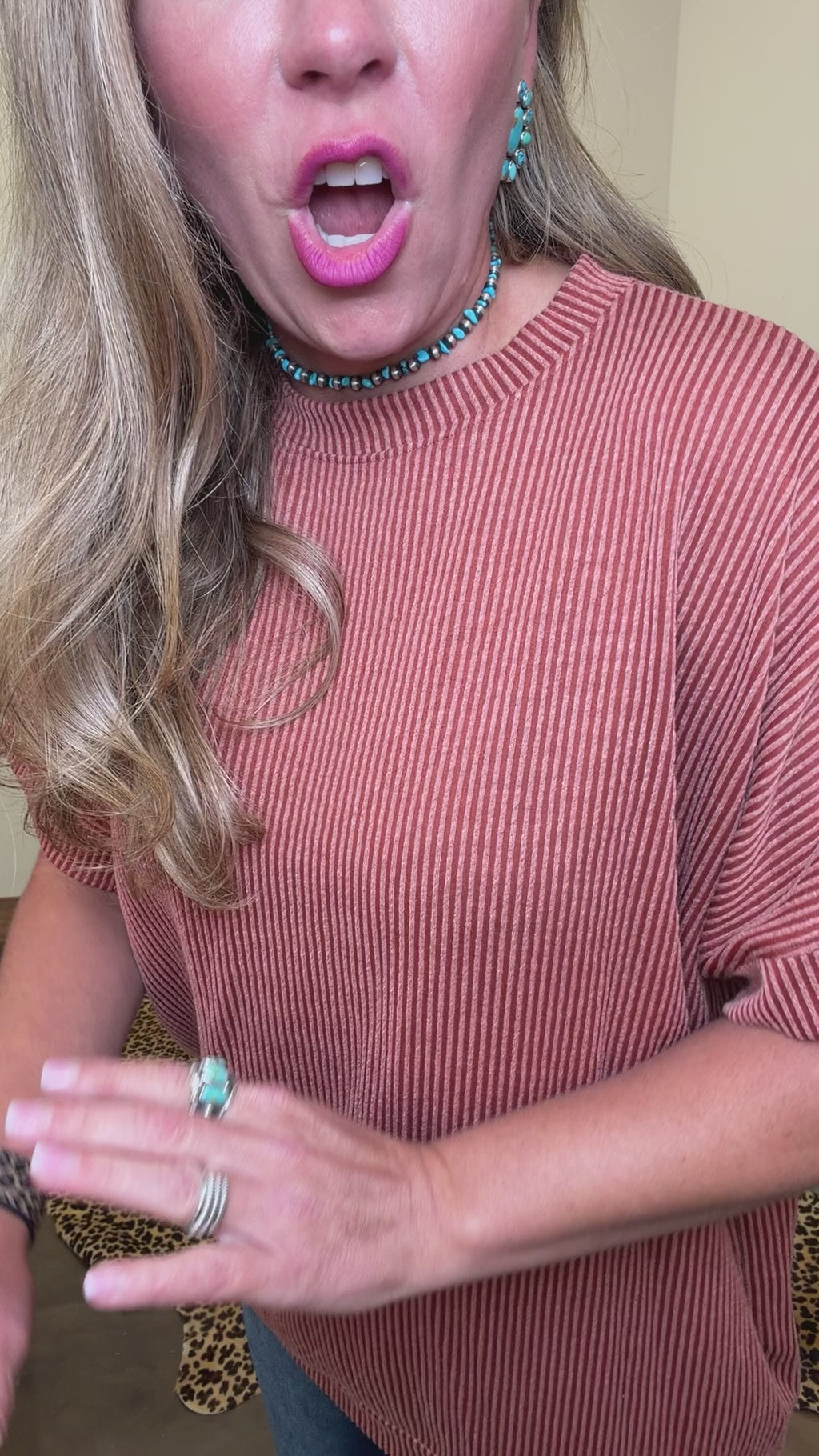 Rust Orange Ribbed Oversized Round Neck Short Sleeve Shirt - Country Lace Boutique