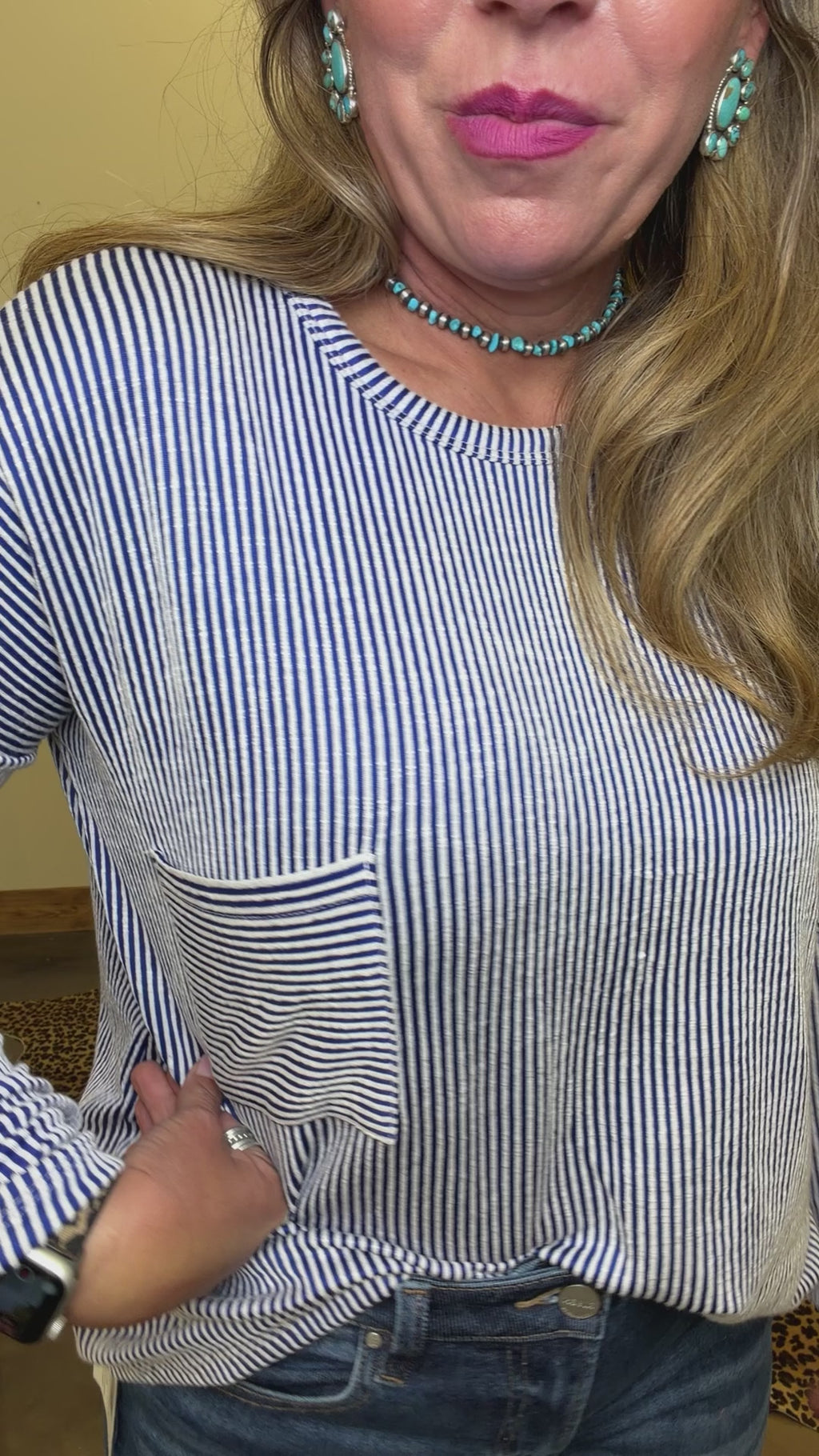 Blue & White Ribbed Soft Crop Shirt - Country Lace Boutique