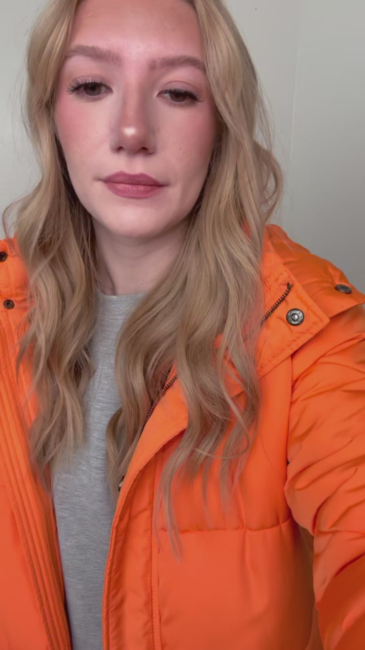 Orange Long Puffer Jacket w/ Removeable Hoodie size small - Country Lace Boutique