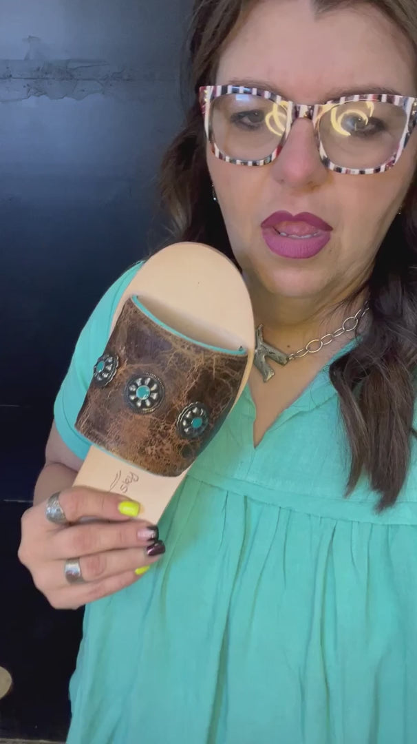 Chocolate Leather Concho with Turquoise Agave Sky Sandal SIZE 6