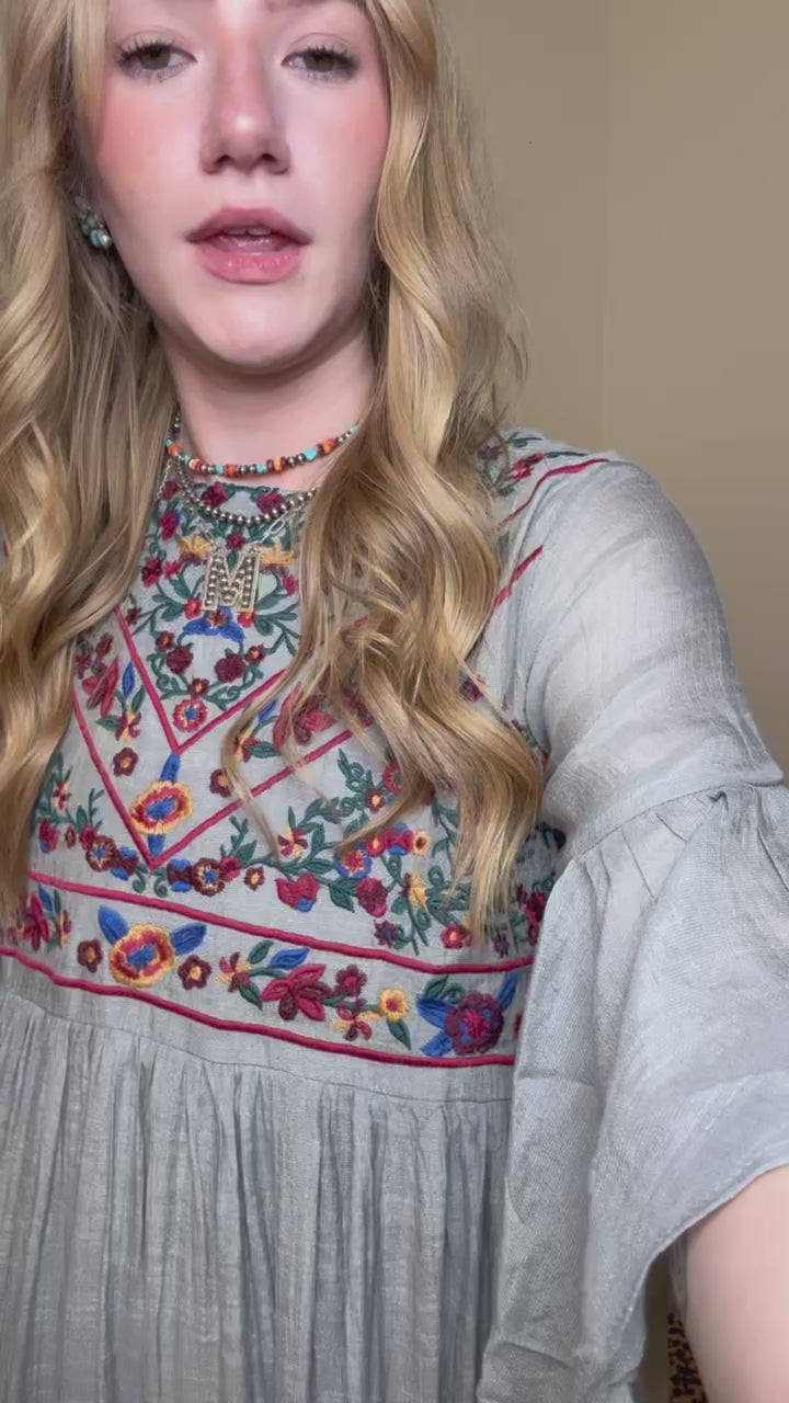 Flowy Grey Short Sleeve Floral Embroidered Short Dress - Country Lace Boutique