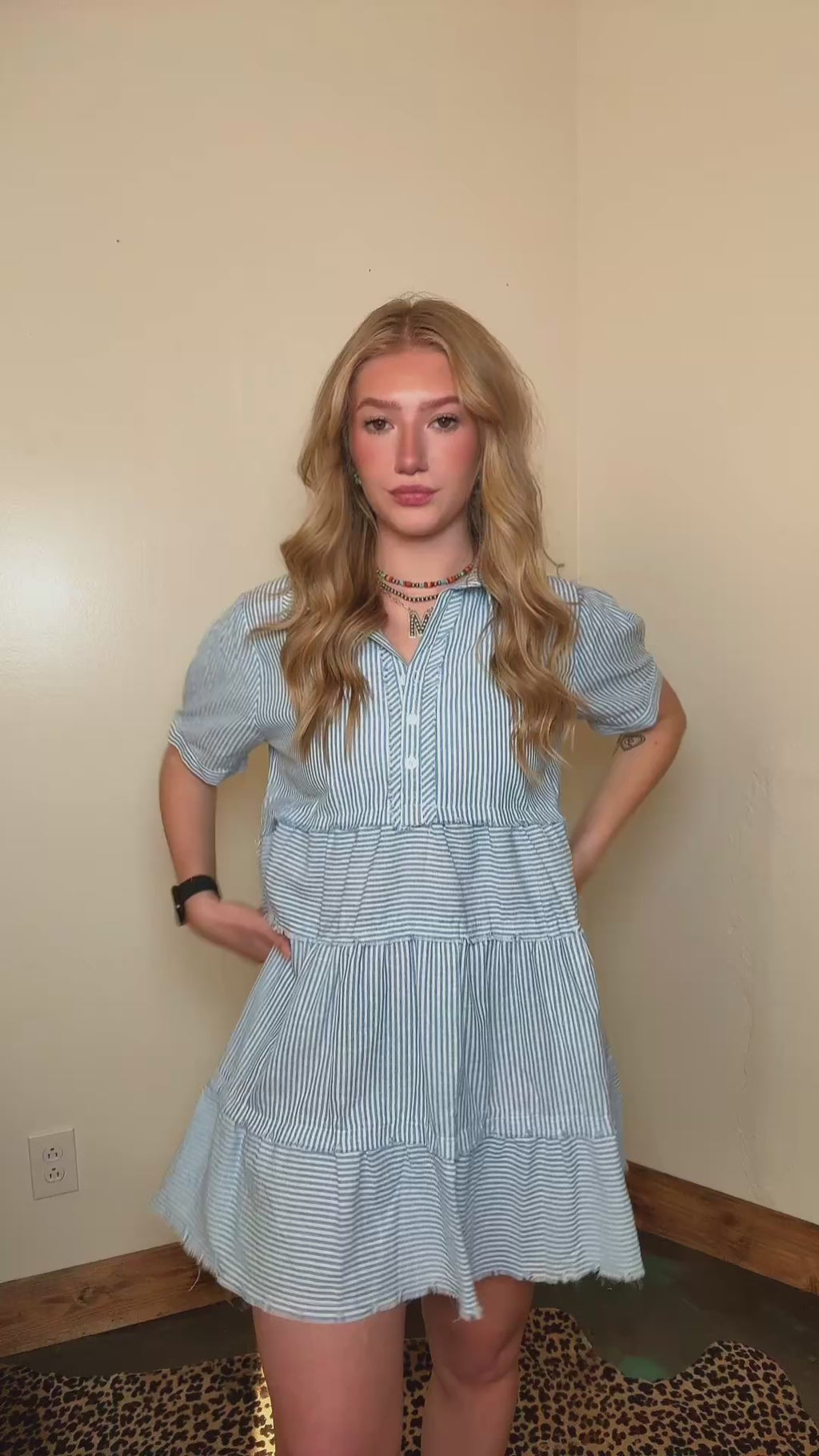 Blue & White Stripe V Neck Ruffle Short Dress - Country Lace Boutique