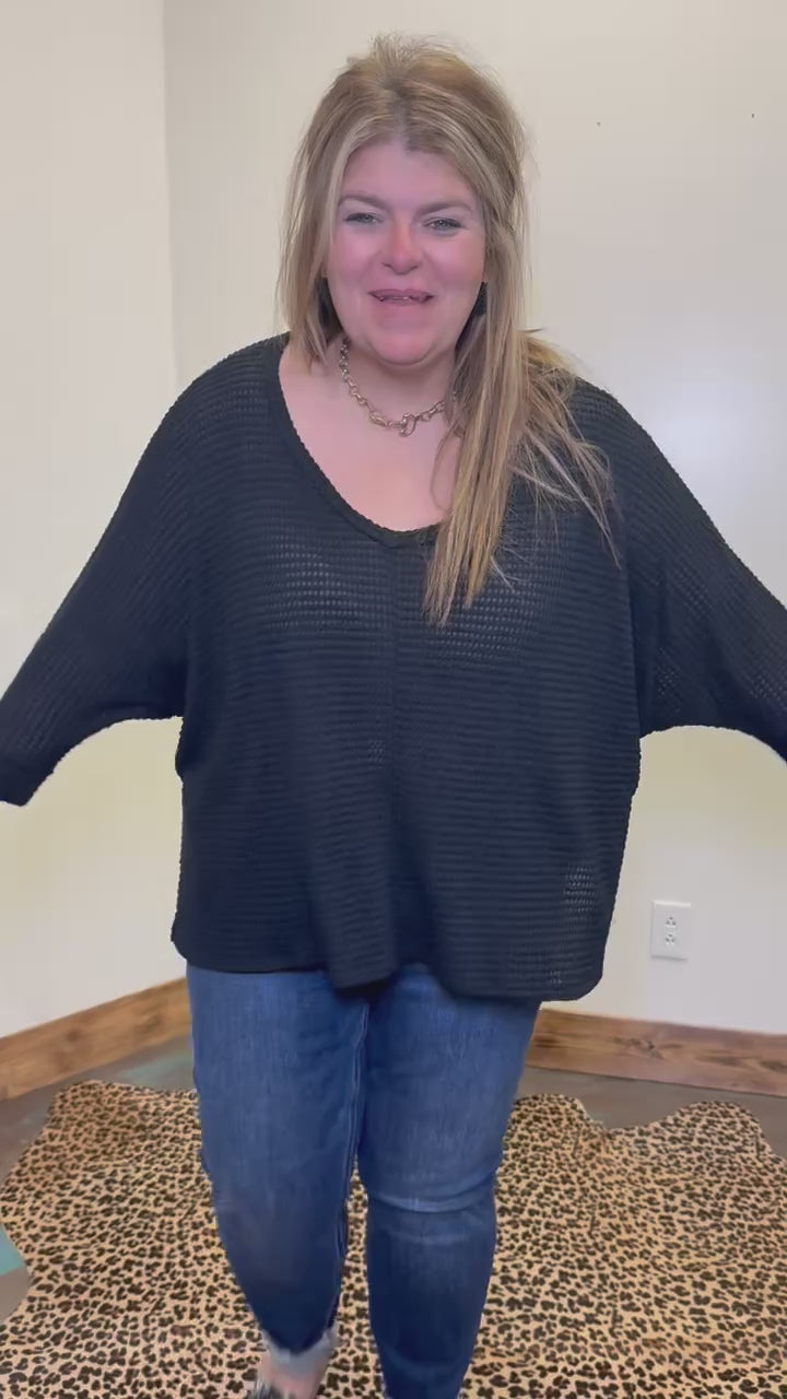 Plus Size Dolman Black Waffle V Neck 3/4 Sleeve Top - Country Lace Boutique