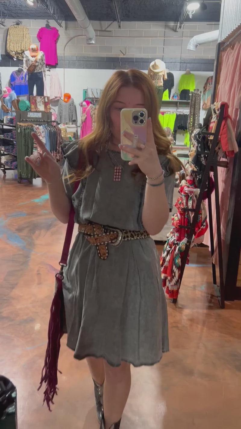 Black Acid Wash Short Ruffle Sleeve Denim Dress / Large