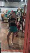 Turquoise High Waisted Athletic Shorts with Zip Waist Pocket.