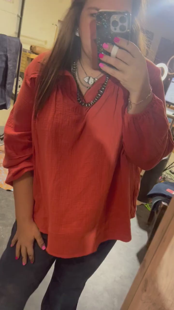 Rust Orange Bubble Sleeve Collared Plus Top