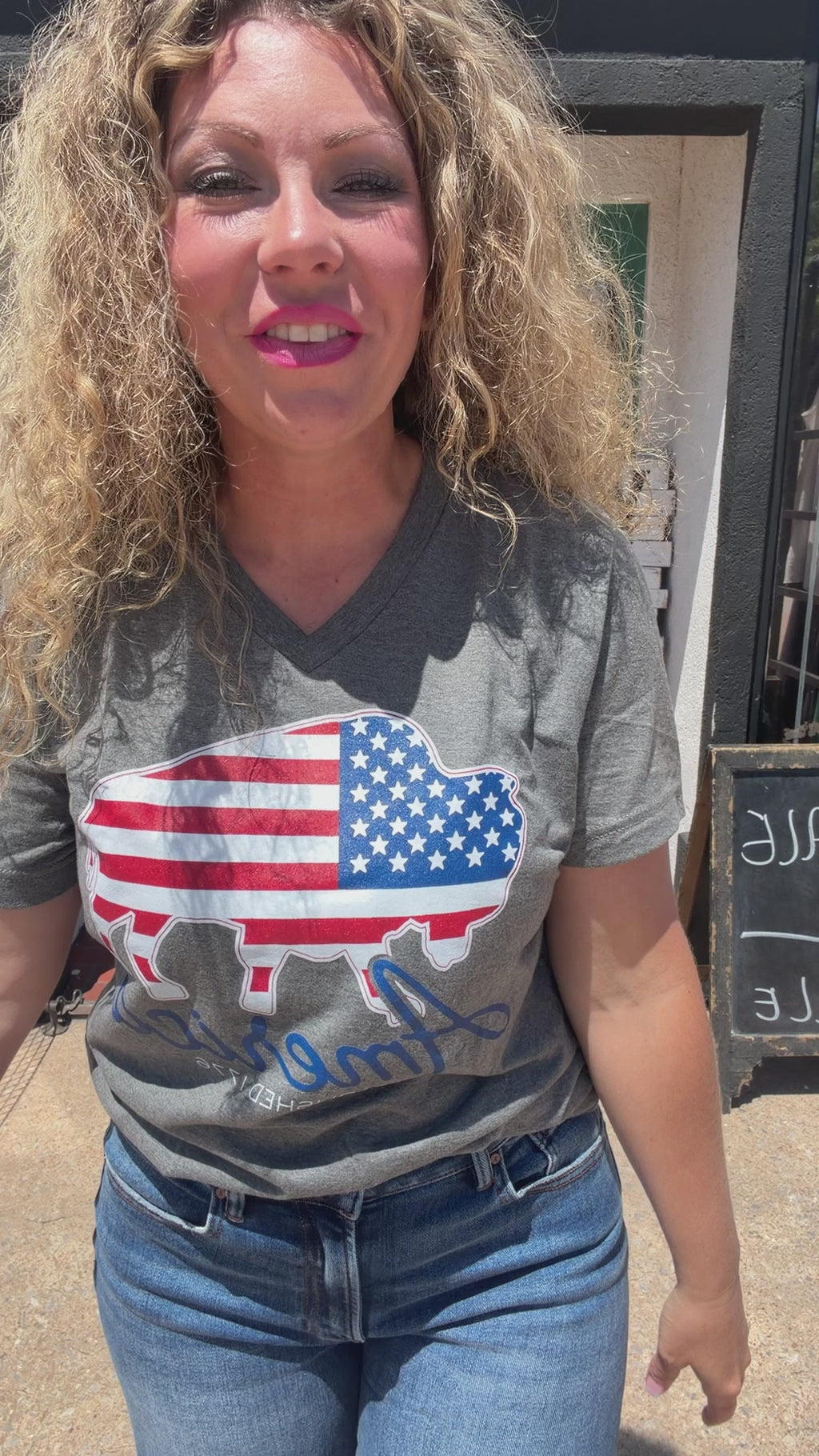 Grey America Buffalo V Neck T-Shirt - Country Lace Boutique