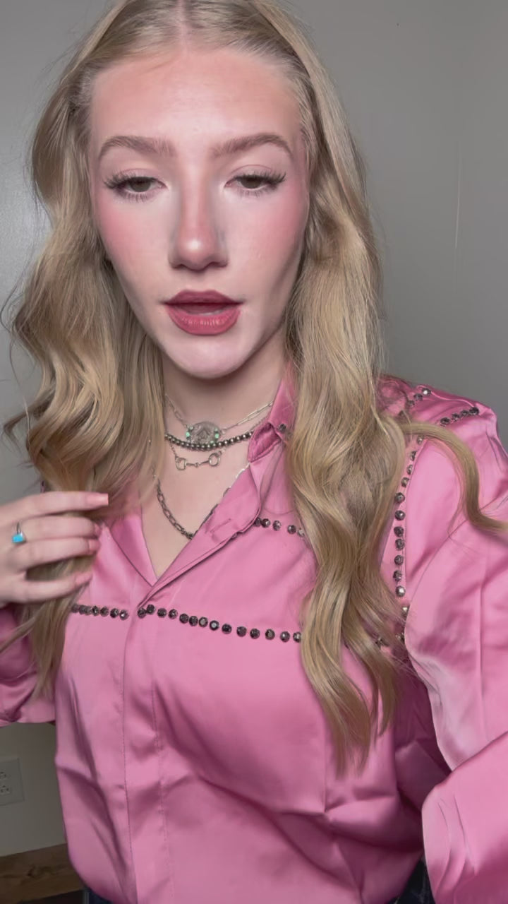 Pink Silky Studded Long Sleeve Button Top - Country Lace Boutique