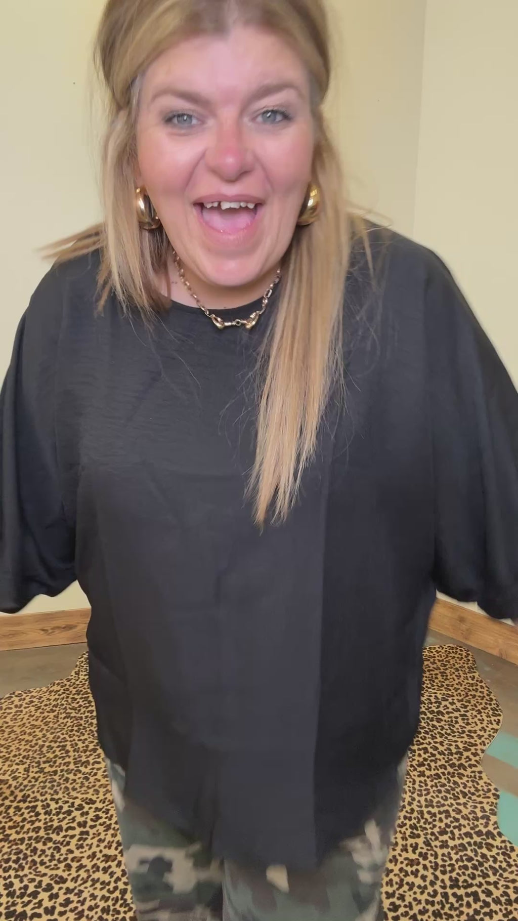 Black Blouse with Round Neck w/ Cuffed 3/4 Sleeves Top - Country Lace Boutique