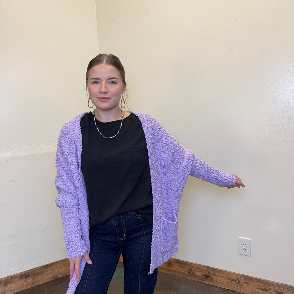 Purple Lilac Bubble Open Front w/ Pockets Long Sleeve Cardigan - Country Lace Boutique