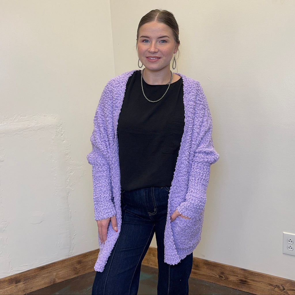 Purple Lilac Bubble Open Front w/ Pockets Long Sleeve Cardigan - Country Lace Boutique