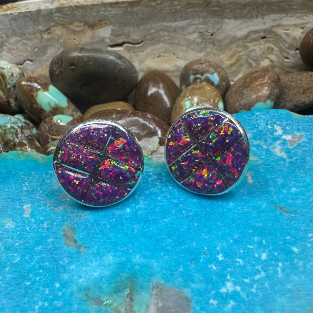 Purple Round Inlay Post Stud Sterling Silver Earring - Country Lace Boutique