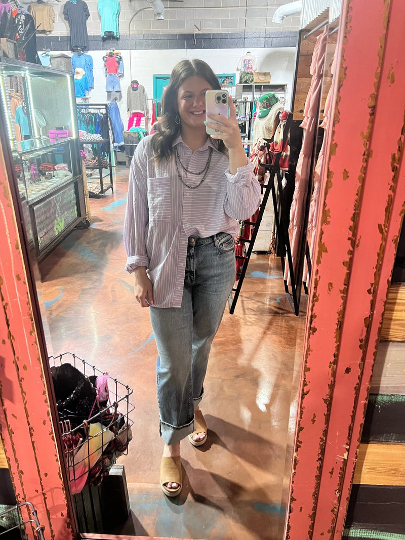 Purple Striped Button Down Top - Country Lace Boutique