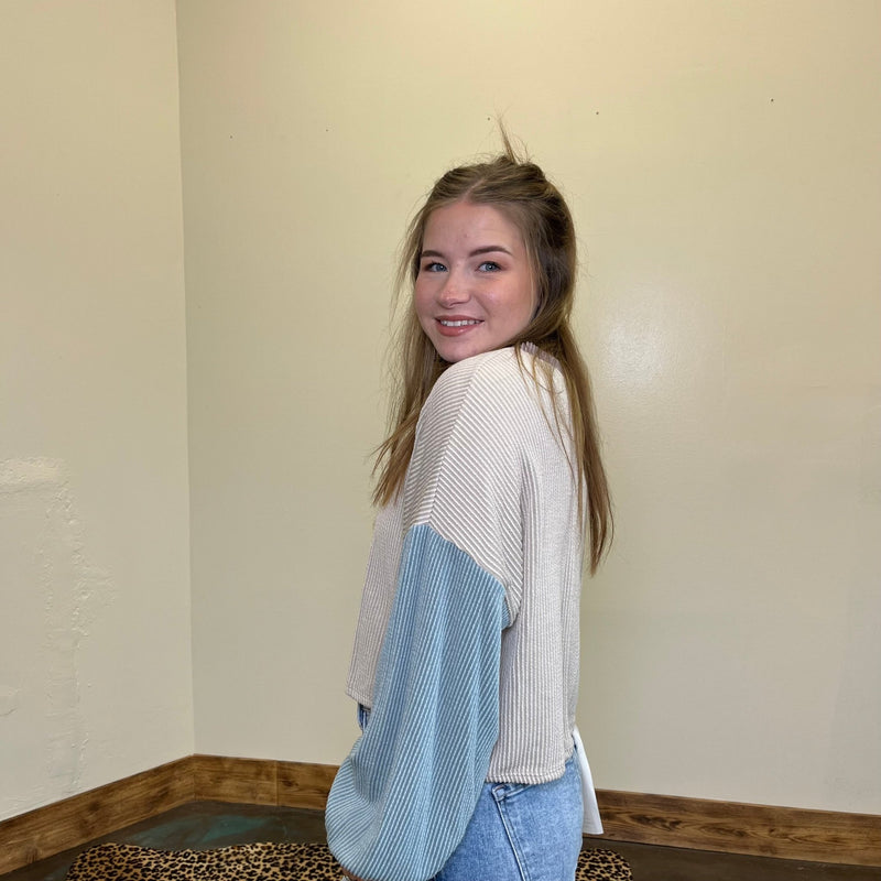 Purple & Turquoise Ribbed Color Block Long Sleeve Crop Shirt - Country Lace Boutique