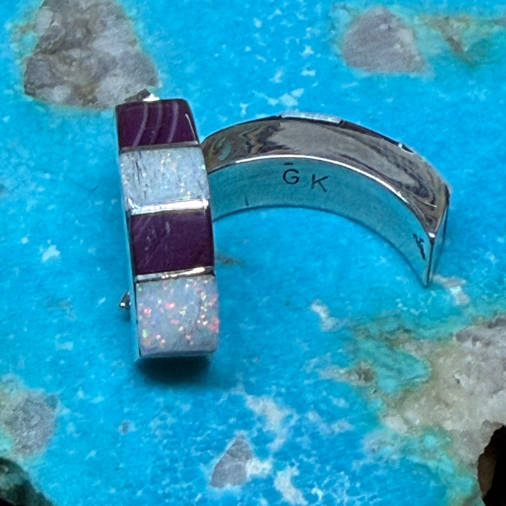 Purple & White Opal Inlay Huggie Post Stud Sterling Silver Earring - Country Lace Boutique