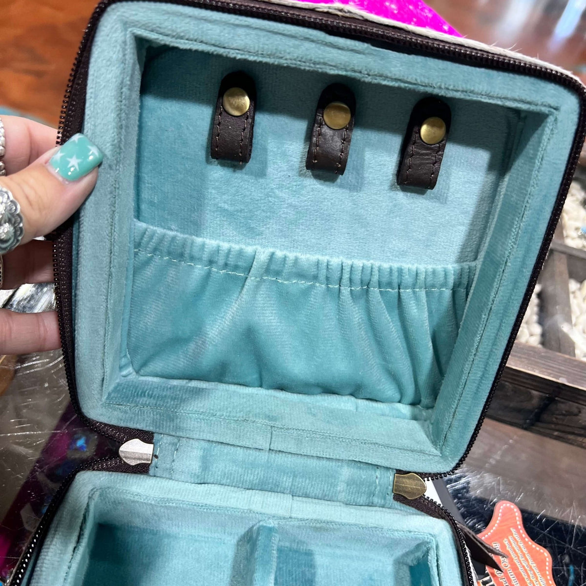 Rainbow Cowhide Square Jewelry Case w/Handle - Country Lace Boutique