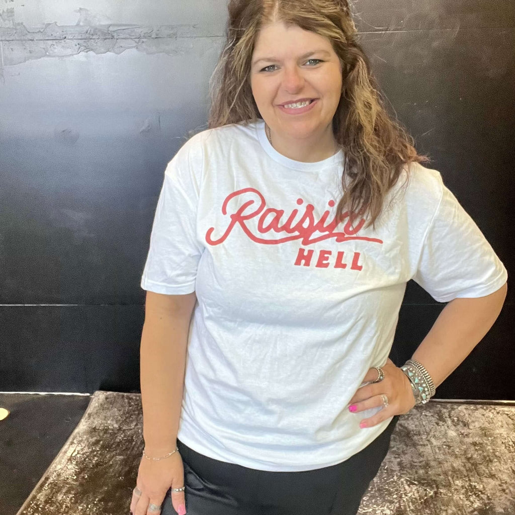 Raisin' Hell Red and White T-shirt - Country Lace Boutique