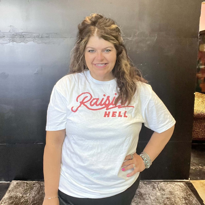 Raisin' Hell Red and White T-shirt - Country Lace Boutique