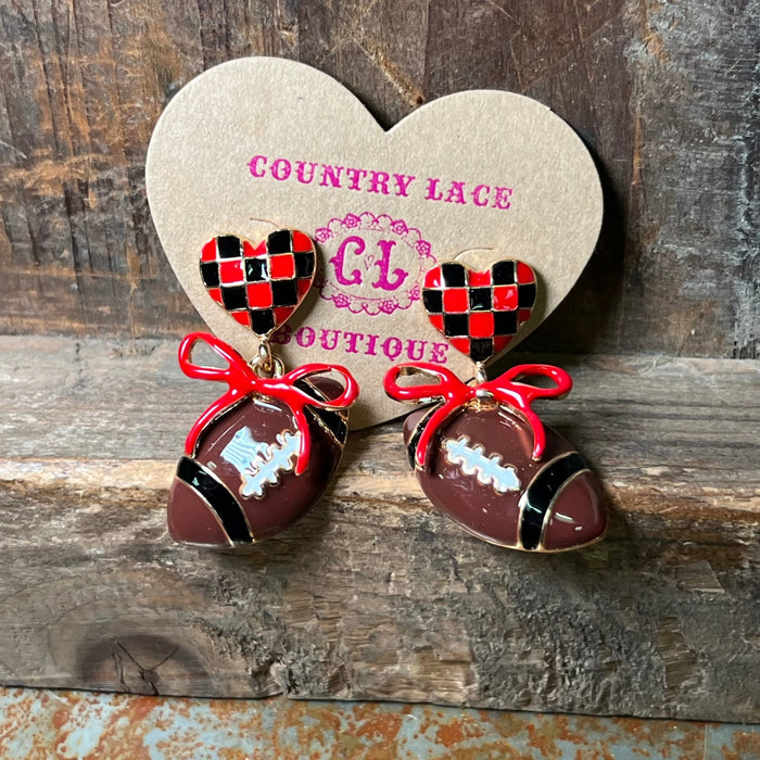 Red & Black Pride Game Day Football Dangle with Gold Bow Post Fashion Earrings - Country Lace Boutique