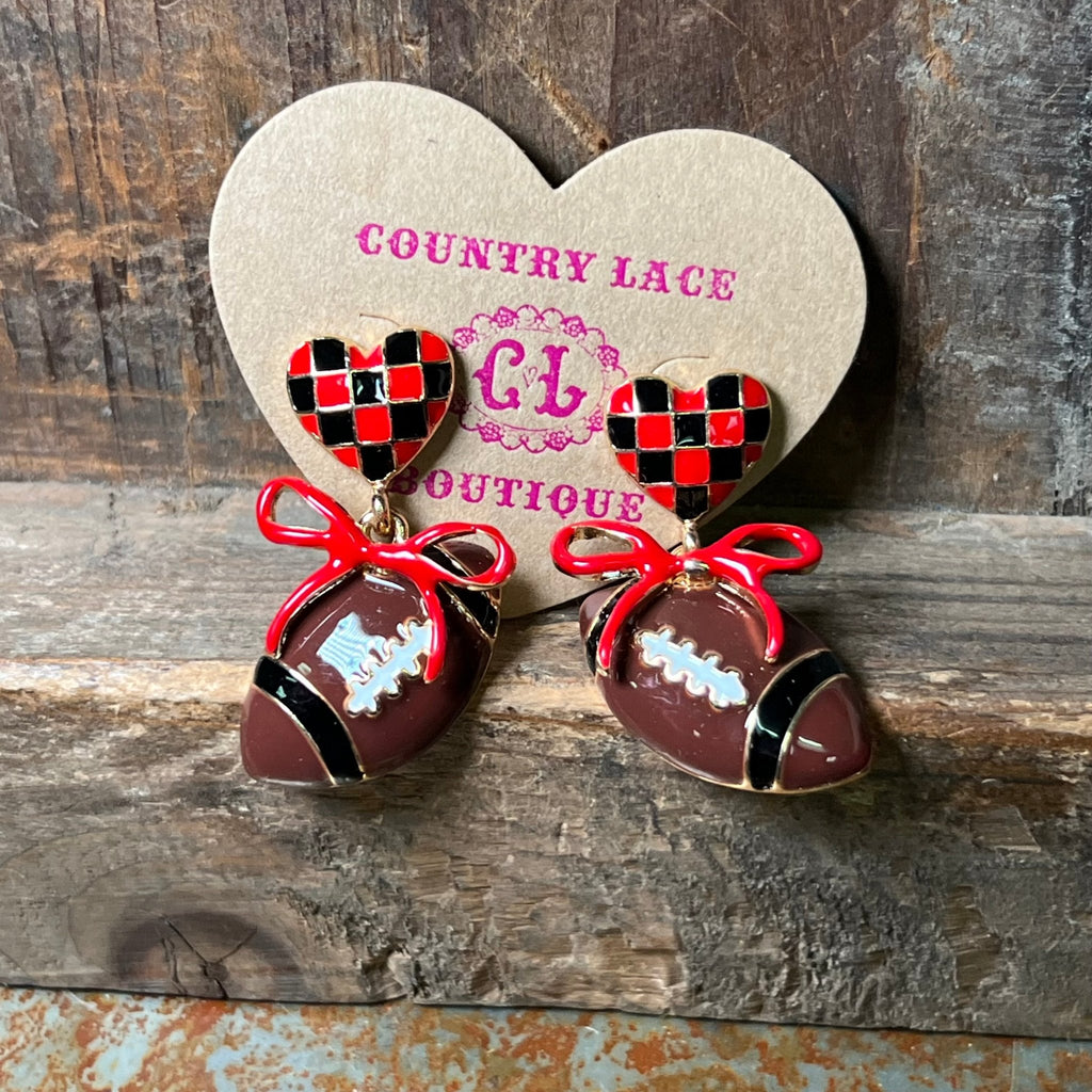 Red & Black Pride Game Day Football Dangle with Gold Bow Post Fashion Earrings - Country Lace Boutique