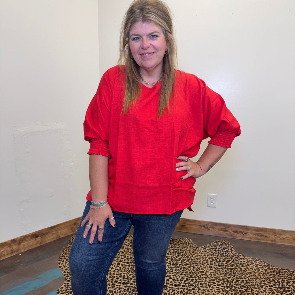 Red Blouse with Smocking Sleeves Top - Country Lace Boutique