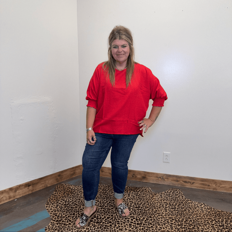 Red Blouse with Smocking Sleeves Top - Country Lace Boutique