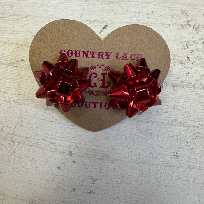 Red Christmas Bow Post Stud Fashion Earrings - Country Lace Boutique