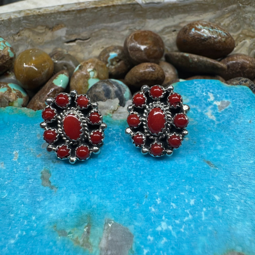 Red Coral Cluster Post Sterling Silver Earring - Country Lace Boutique