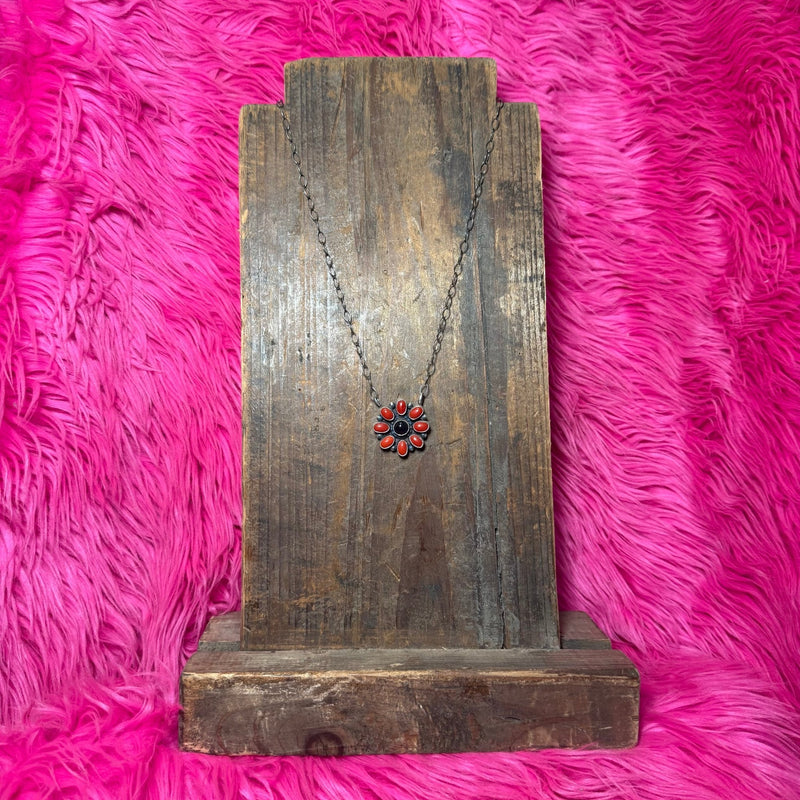 Red Coral Cluster with a Black Onyx Center Sterling Silver Necklace - Country Lace Boutique