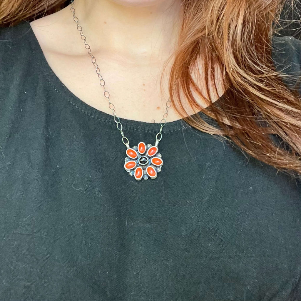 Red Coral Cluster with a Black Onyx Center Sterling Silver Necklace - Country Lace Boutique