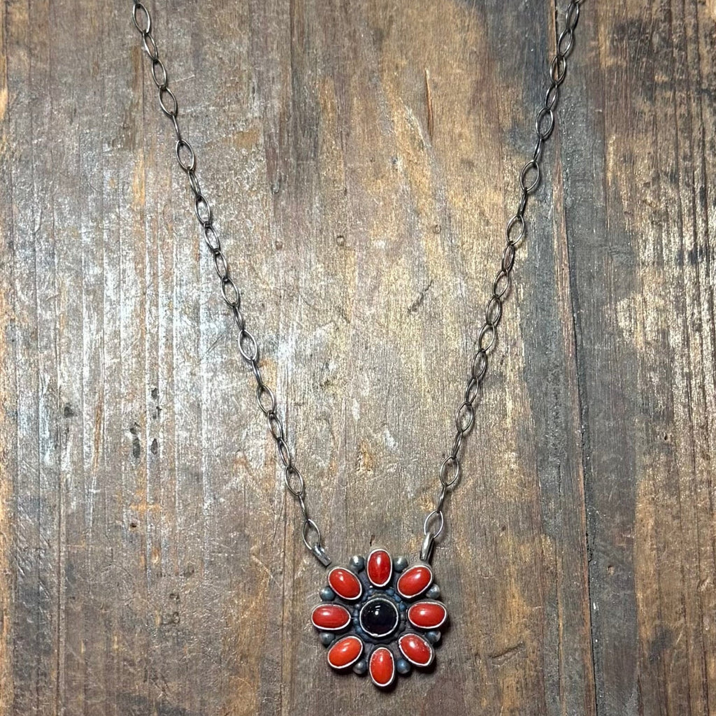 Red Coral Cluster with a Black Onyx Center Sterling Silver Necklace - Country Lace Boutique