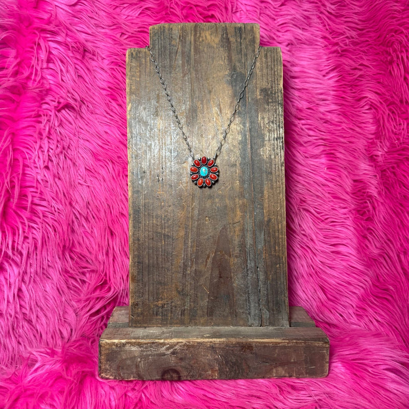 Red Coral Cluster with a Sonoran Gold Center Sterling Silver Necklace - Country Lace Boutique