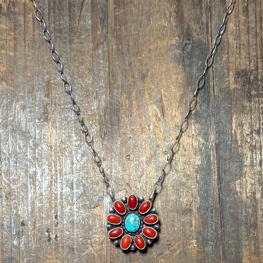 Red Coral Cluster with a Sonoran Gold Center Sterling Silver Necklace - Country Lace Boutique