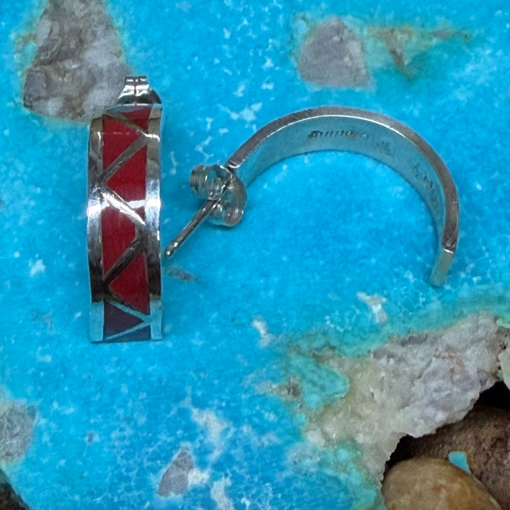 Red Coral Inlay Huggie Post Stud Sterling Silver Earring - Country Lace Boutique