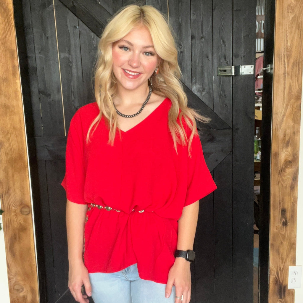 Red Flowy Oversized Short Sleeve Top - Country Lace Boutique