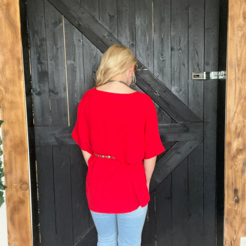 Red Flowy Oversized Short Sleeve Top - Country Lace Boutique