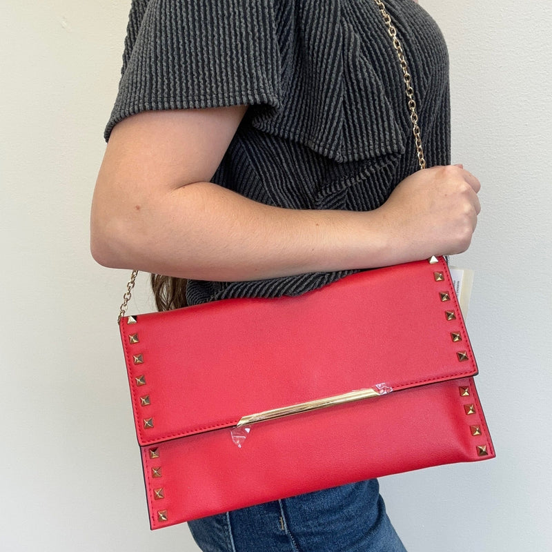 Red Gold Studded Clutch with Gold Chain Strap Purse - Country Lace Boutique
