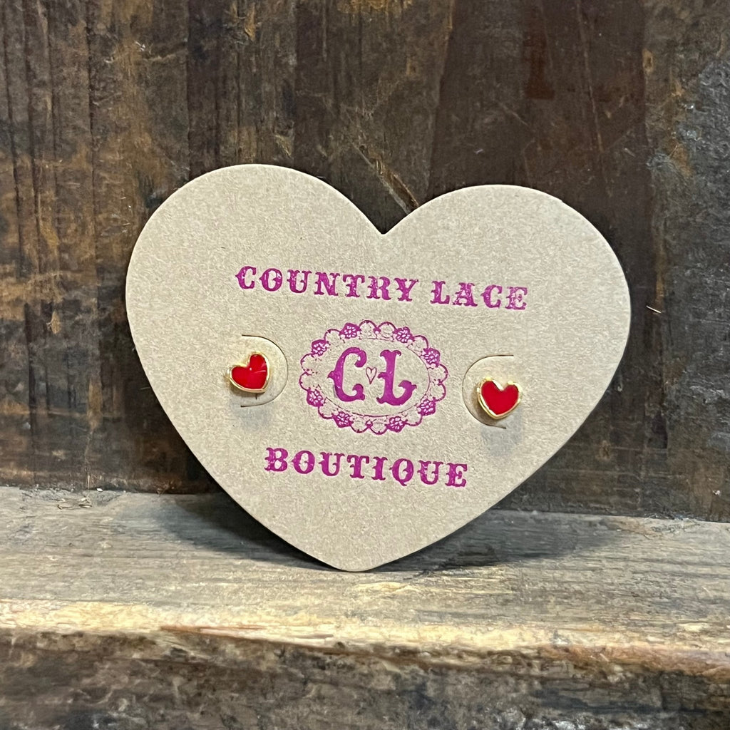 Red Heart Gold Post Stud Fashion Earrings - Country Lace Boutique