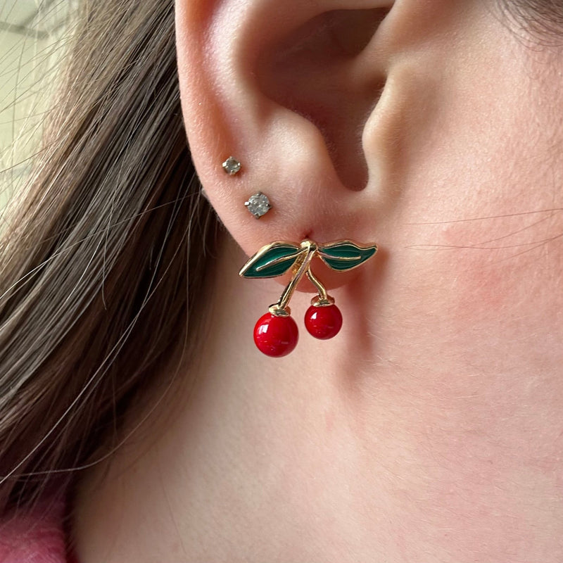 Red Hot Cherry Gold Post Fashion Earrings - Country Lace Boutique